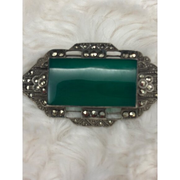 Vintage 1930s Art Deco Sterling Silver Green Agate & Marcasite Brooch - Germany - Picture 3 of 12